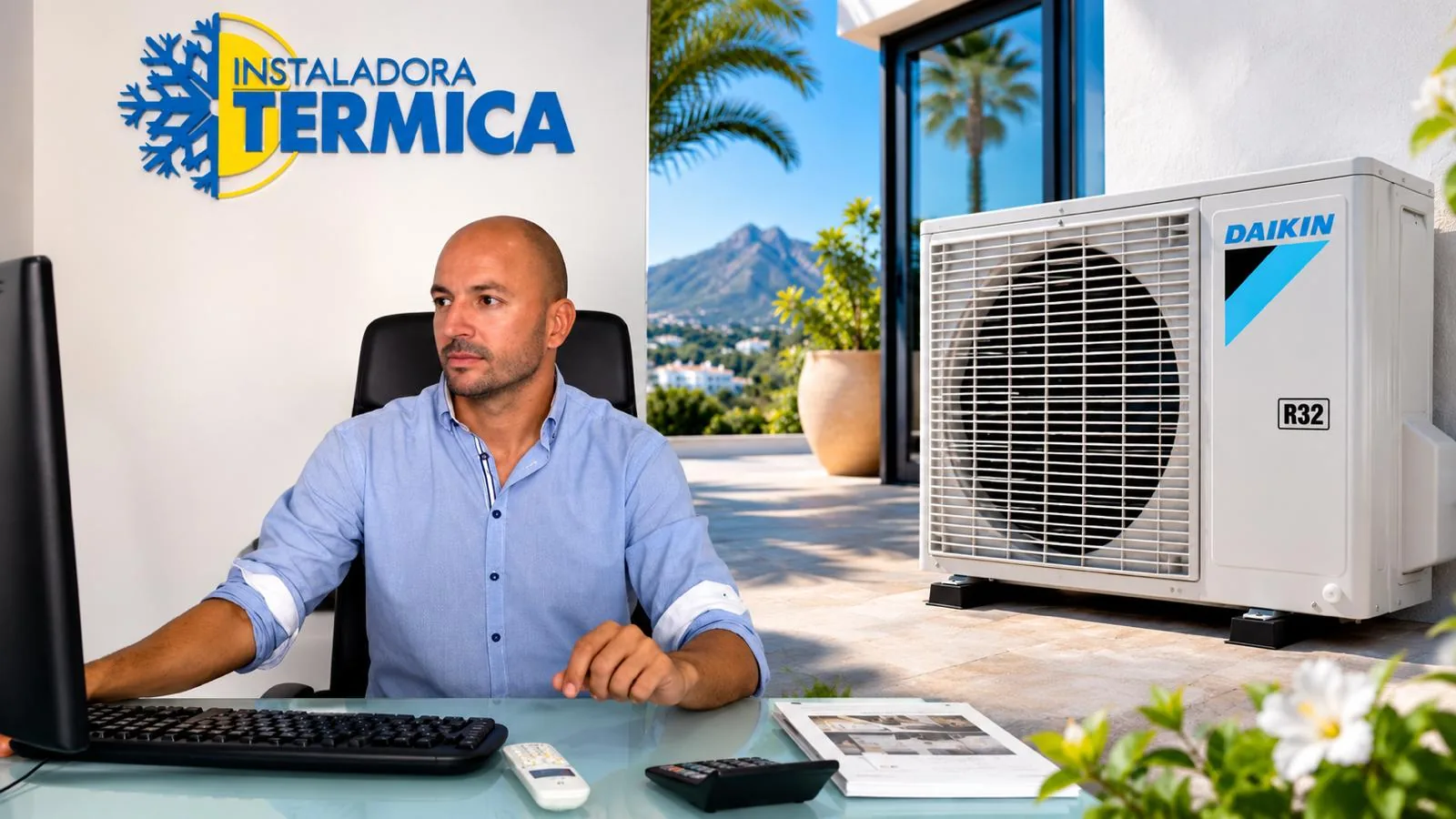 Oficina de Instaladora Térmica junto a una unidad exterior Daikin